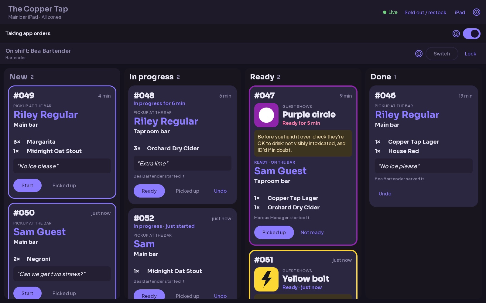 The Beer Appear bar station: New, In progress, Ready and Done columns of pickup orders. A ready order shows the symbol its guest will show at the bar, a purple circle, with a reminder to check they're OK to drink.